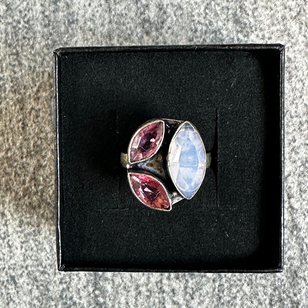 NEW Elegant Opalite Pink Tourmaline Marquise Gemstone Silver Statement Ring Sz 8 - Picture 2 of 12